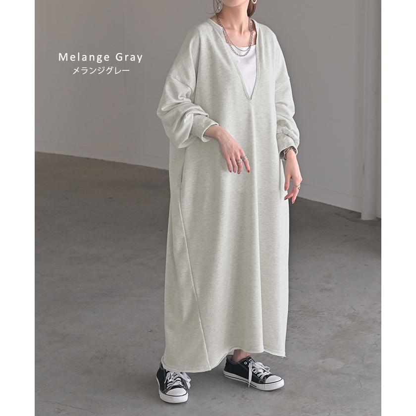ワンピース 深V ぽわん袖 スウェット ワンピ レディース ロング ロングワンピース スエット トレーナー Aライン | HUG.U | 14