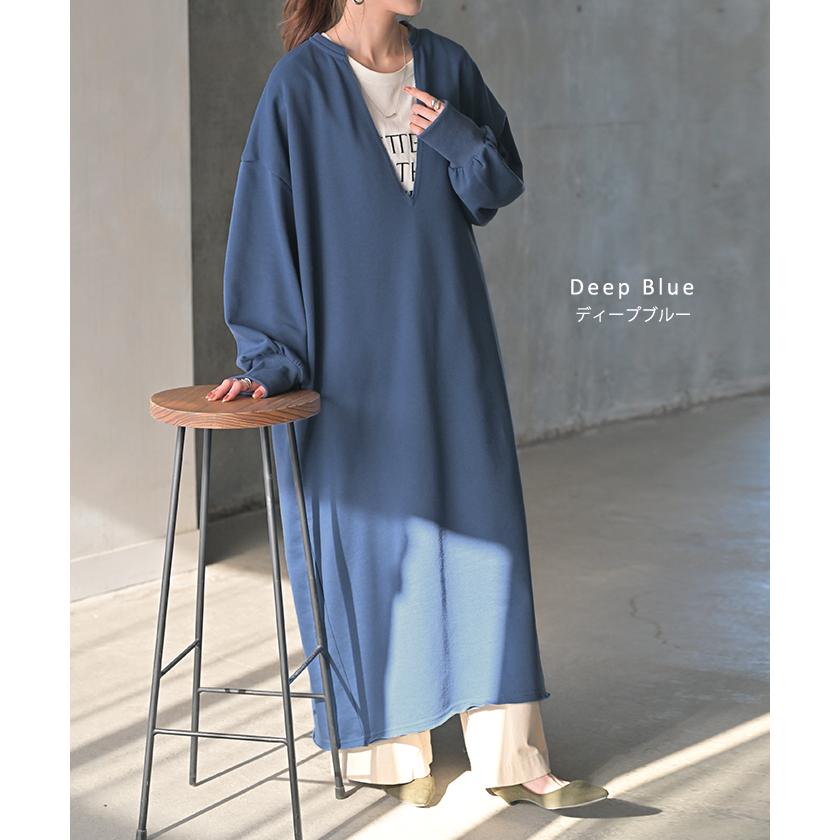 ワンピース 深V ぽわん袖 スウェット ワンピ レディース ロング ロングワンピース スエット トレーナー Aライン | HUG.U | 16