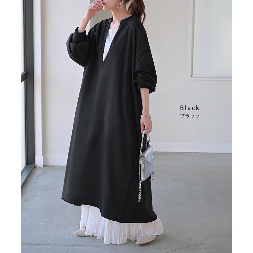 ワンピース 深V ぽわん袖 スウェット ワンピ レディース ロング ロングワンピース スエット トレーナー Aライン | HUG.U | 18