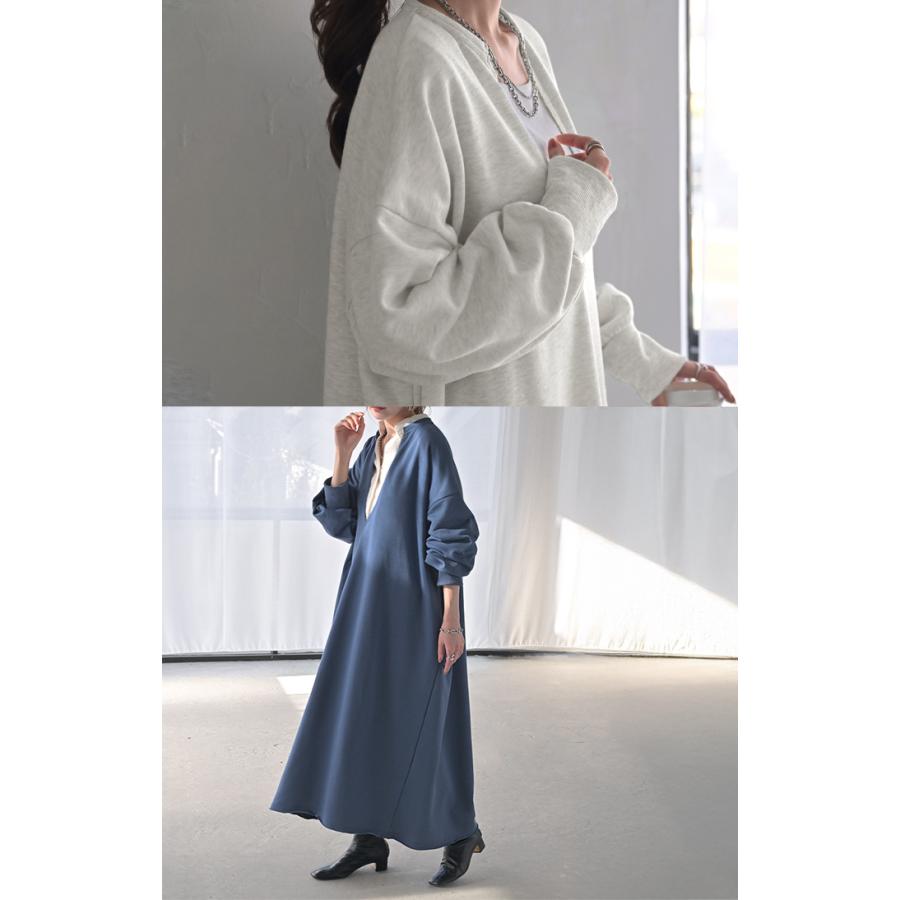 ワンピース 深V ぽわん袖 スウェット ワンピ レディース ロング ロングワンピース スエット トレーナー Aライン | HUG.U | 19