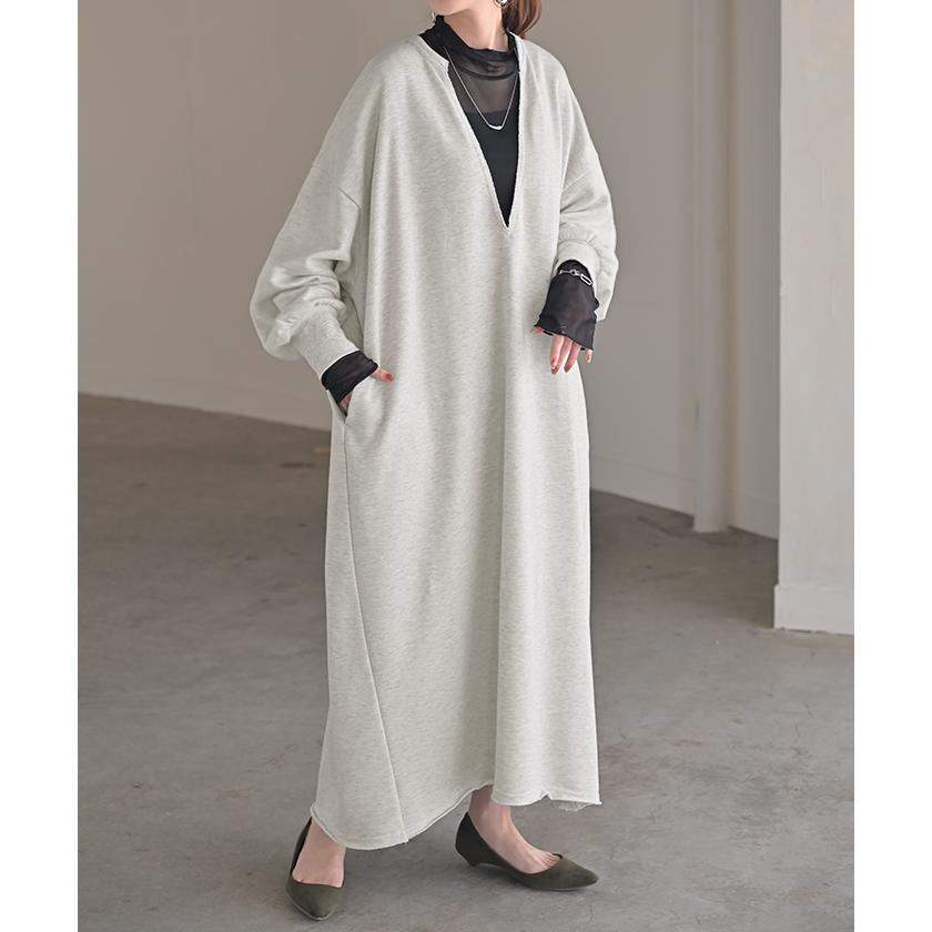 ワンピース 深V ぽわん袖 スウェット ワンピ レディース ロング ロングワンピース スエット トレーナー Aライン | HUG.U | 08