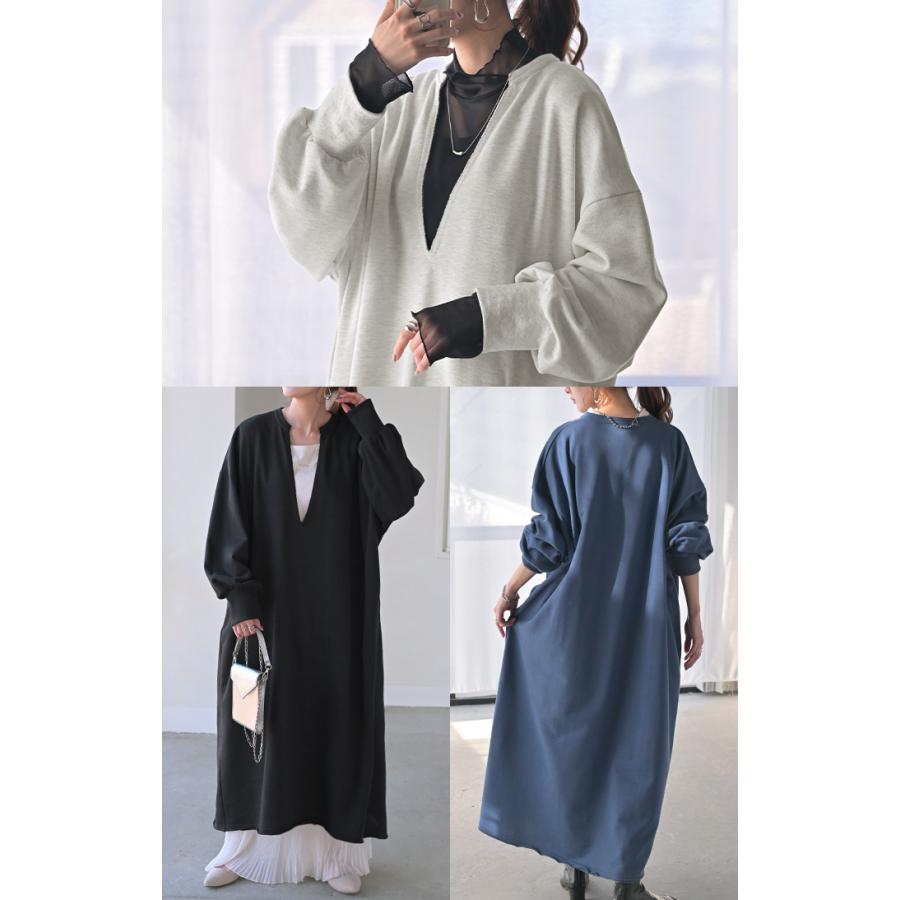 ワンピース 深V ぽわん袖 スウェット ワンピ レディース ロング ロングワンピース スエット トレーナー Aライン | HUG.U | 11