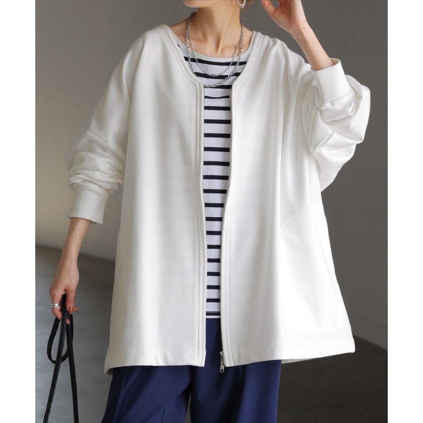 ジャケット スウェット ドルマン アウター レディース ロング 無地 羽織 Vネック ノーカラー UVカット ストレッチ ライトアウター チュニック オーバーサイズ | HUG.U | 09