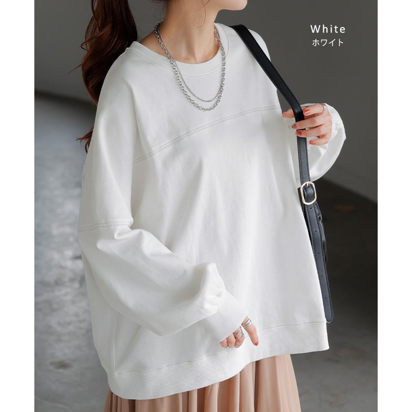ロンT 配色 ステッチ レディース トップス 長袖 Tシャツ カットソー ロング ティーシャツ ビッグ プラスサイズ | HUG.U | 22