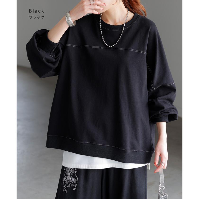 ロンT 配色 ステッチ レディース トップス 長袖 Tシャツ カットソー ロング ティーシャツ ビッグ プラスサイズ | HUG.U | 23