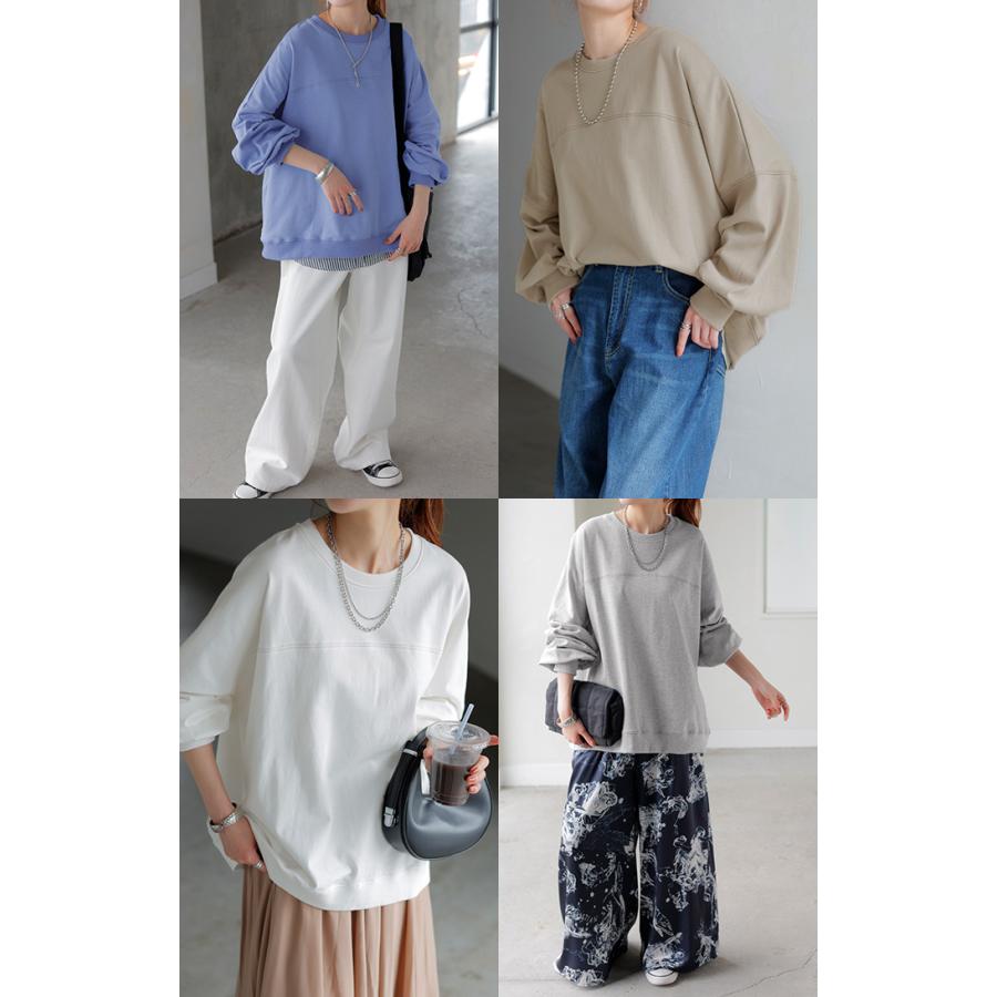 ロンT 配色 ステッチ レディース トップス 長袖 Tシャツ カットソー ロング ティーシャツ ビッグ プラスサイズ | HUG.U | 24