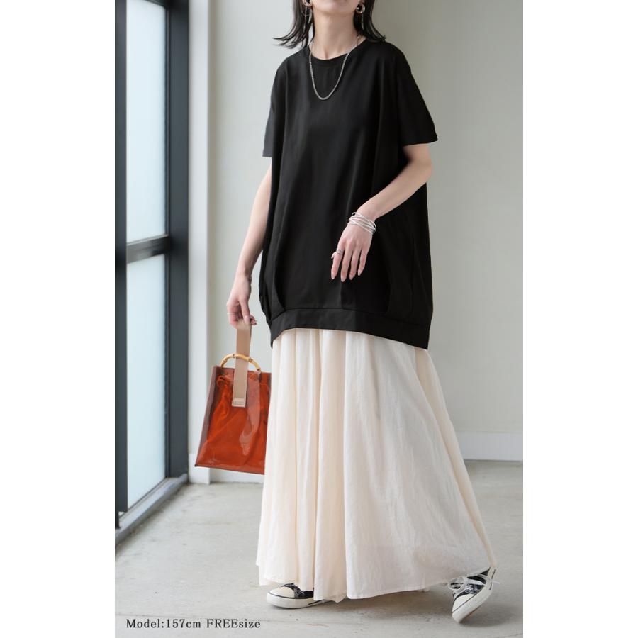 Tシャツ 接触冷感 タック レディース トップス 涼しい 薄手 半袖 カットソー ロング ティーシャツ チュニック | HUG.U | 07