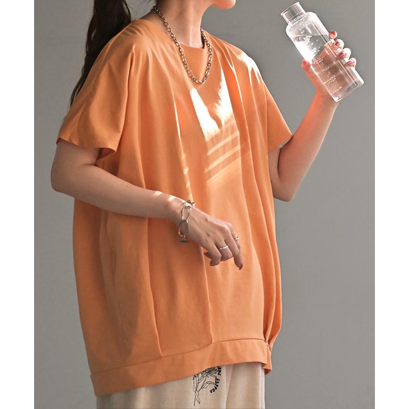 Tシャツ 接触冷感 タック レディース トップス 涼しい 薄手 半袖 カットソー ロング ティーシャツ チュニック | HUG.U | 09