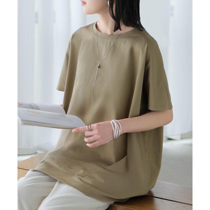 Tシャツ 接触冷感 タック レディース トップス 涼しい 薄手 半袖 カットソー ロング ティーシャツ チュニック | HUG.U | 09