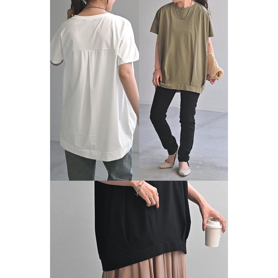 Tシャツ 接触冷感 タック レディース トップス 涼しい 薄手 半袖 カットソー ロング ティーシャツ チュニック | HUG.U | 13