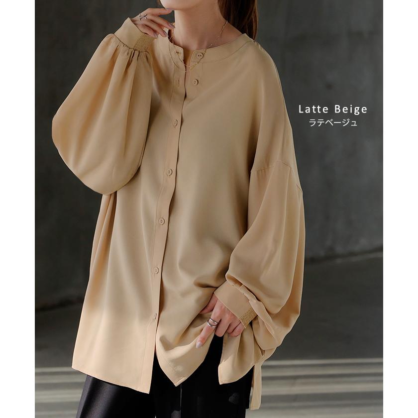 萠　MOYURU ロングシャツチュニック&ベスト HUG.U（ハグユー） ブラウス ぽわん袖 ノーカラー シャツ レディース