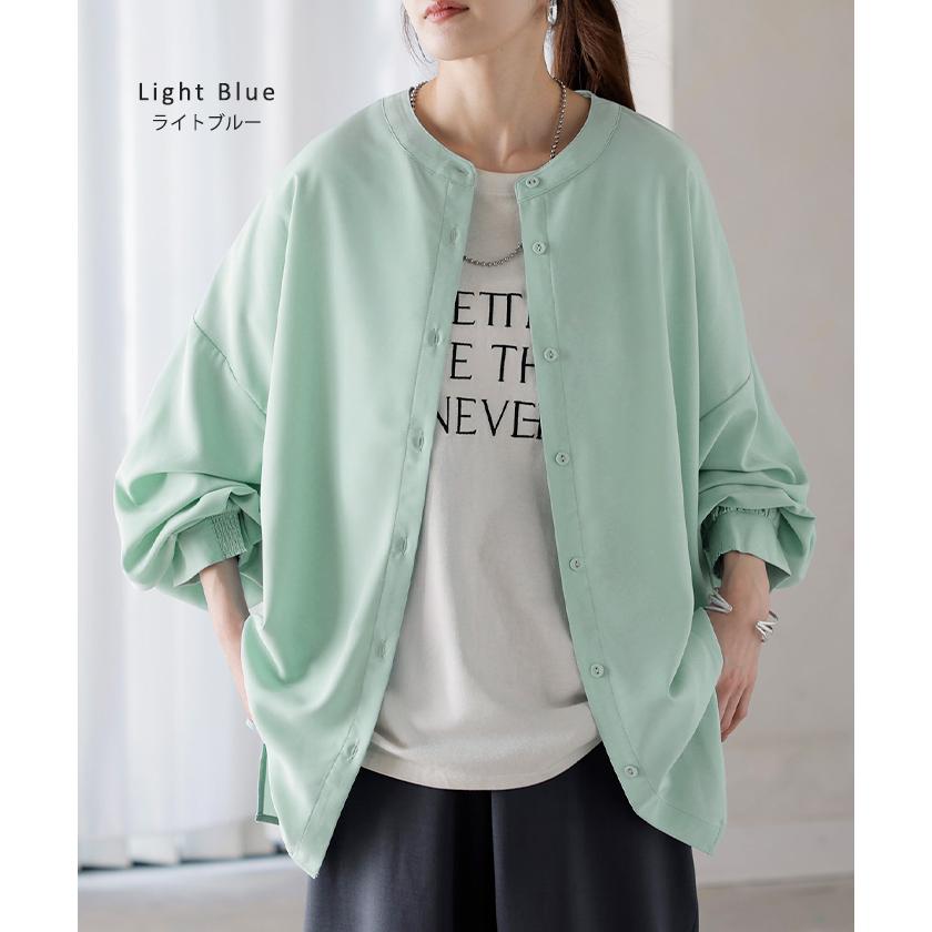 ブラウス ぽわん袖 ノーカラー シャツ レディース トップス バンドカラー ロング ロングシャツ チュニック 長袖 無地 羽織 ライトアウター きれいめ ゆったり | HUG.U | 19