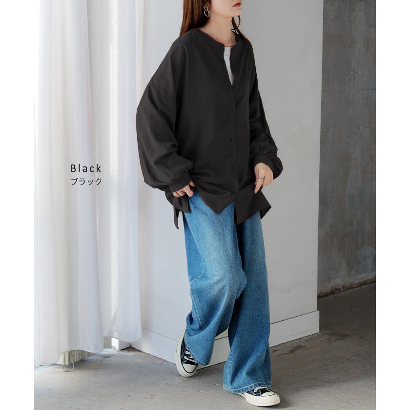 ブラウス ぽわん袖 ノーカラー シャツ レディース トップス バンドカラー ロング ロングシャツ チュニック 長袖 無地 羽織 ライトアウター きれいめ ゆったり | HUG.U | 22