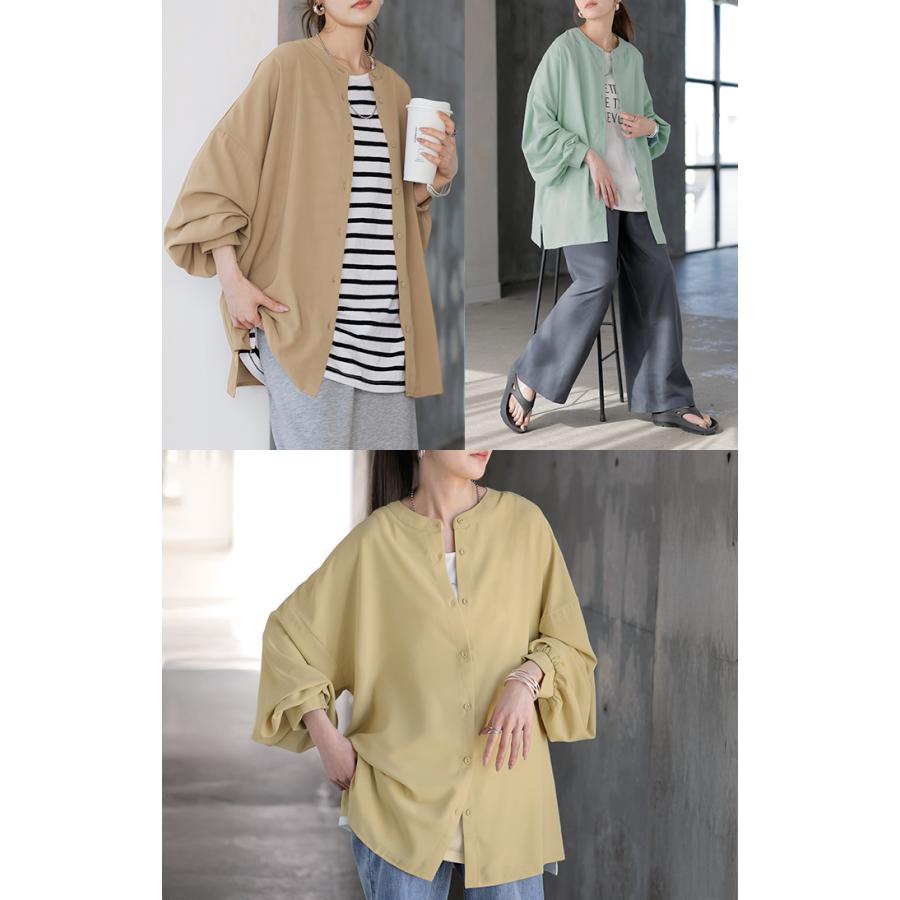 ブラウス ぽわん袖 ノーカラー シャツ レディース トップス バンドカラー ロング ロングシャツ チュニック 長袖 無地 羽織 ライトアウター きれいめ ゆったり | HUG.U | 11