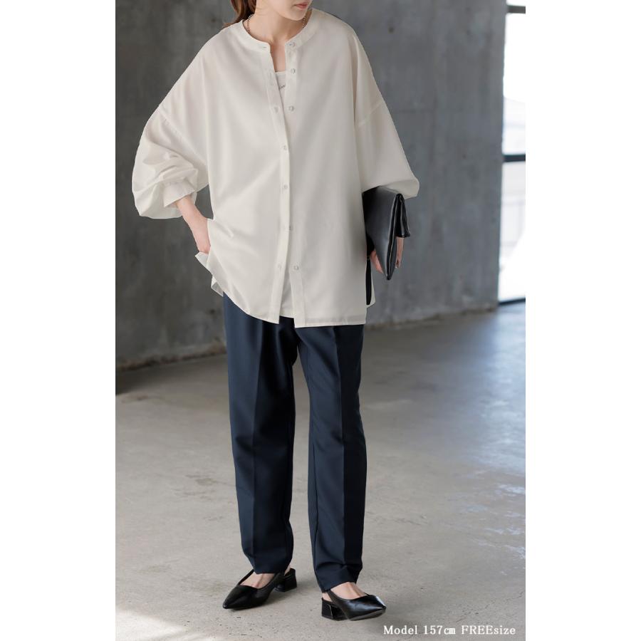 ブラウス ぽわん袖 ノーカラー シャツ レディース トップス バンドカラー ロング ロングシャツ チュニック 長袖 無地 羽織 ライトアウター きれいめ ゆったり | HUG.U | 13