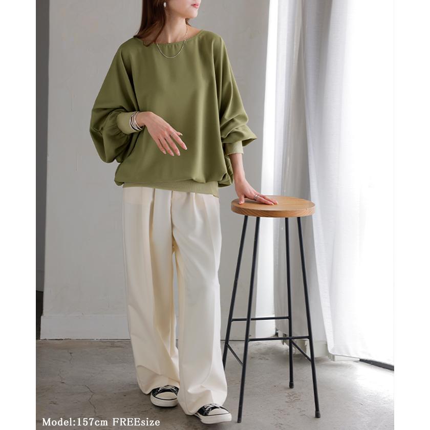 シャツ レディース ノーカラー トップス バンドカラー ブラウス ロング ロングシャツ チュニック プルオーバー ドルマン ボリュームスリーブ 長袖 無地 きれいめ | HUG.U | 21