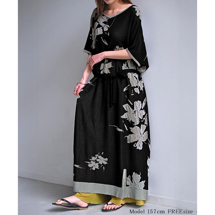 45R チェックと花柄のニットワンピース HUG.U（ハグユー） ワンピース ジャガード ニット 花柄 ワンピ