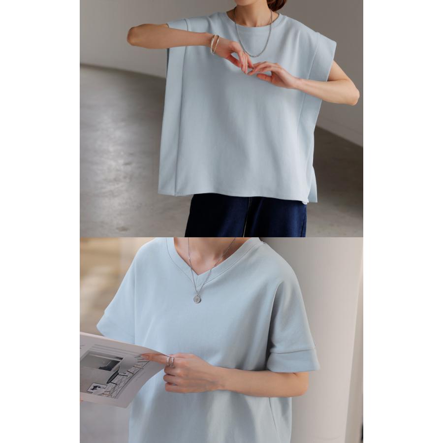 Tシャツ 【クーポン有】 レディース トップス カットソー ティーシャツ ロング フレンチスリーブ 二の腕カバー 綿 混 クルーネック プルオーバー 体型カバー | HUG.U | 22