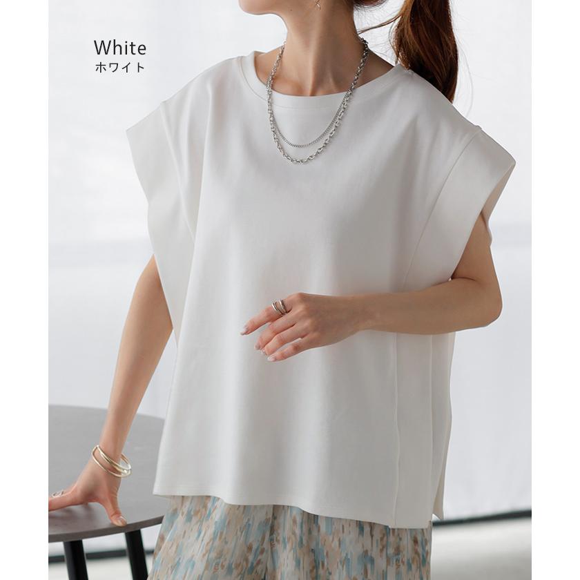 Tシャツ 【クーポン有】 レディース トップス カットソー ティーシャツ ロング フレンチスリーブ 二の腕カバー 綿 混 クルーネック プルオーバー 体型カバー | HUG.U | 23