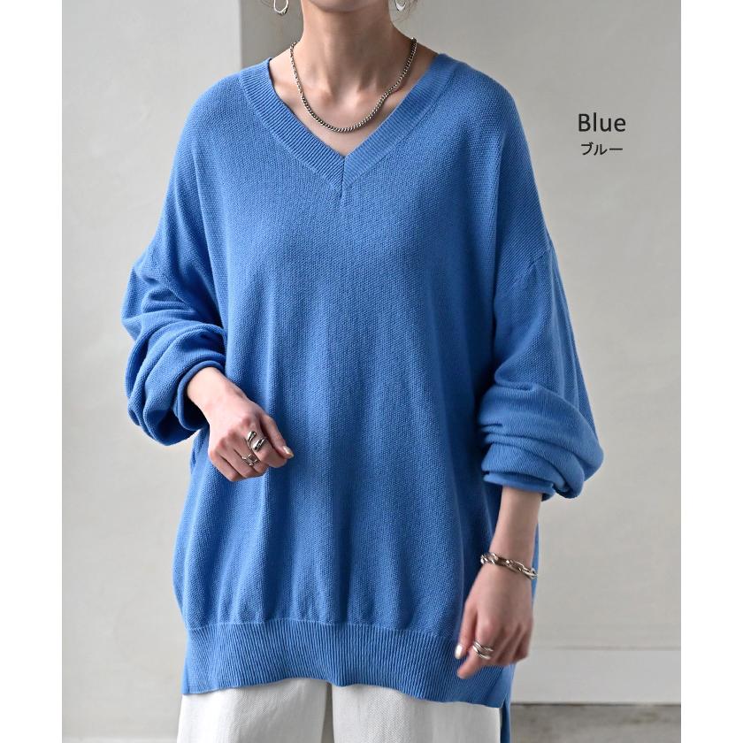 ニット チクチクしない 鹿の子 レディース トップス セーター プルオーバー ロング 長袖 長い 綿100% ボリュームスリーブ クルーネック Vネック チュニック | HUG.U | 24