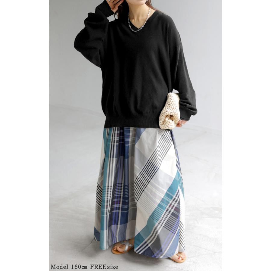 ニット チクチクしない 鹿の子 レディース トップス セーター プルオーバー ロング 長袖 長い 綿100% ボリュームスリーブ クルーネック Vネック チュニック | HUG.U | 11