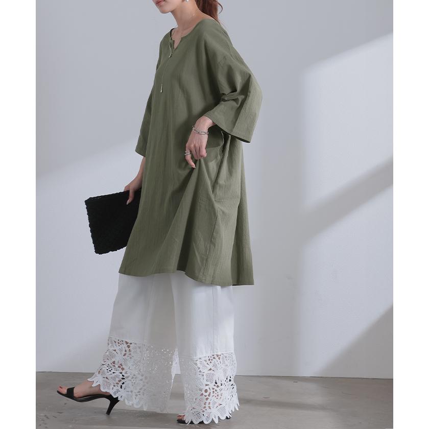 SALE ブラウス チュニック シャツ レディース トップス キーネック スキッパー ロング ロングシャツ シャツワンピース | HUG.U | 08