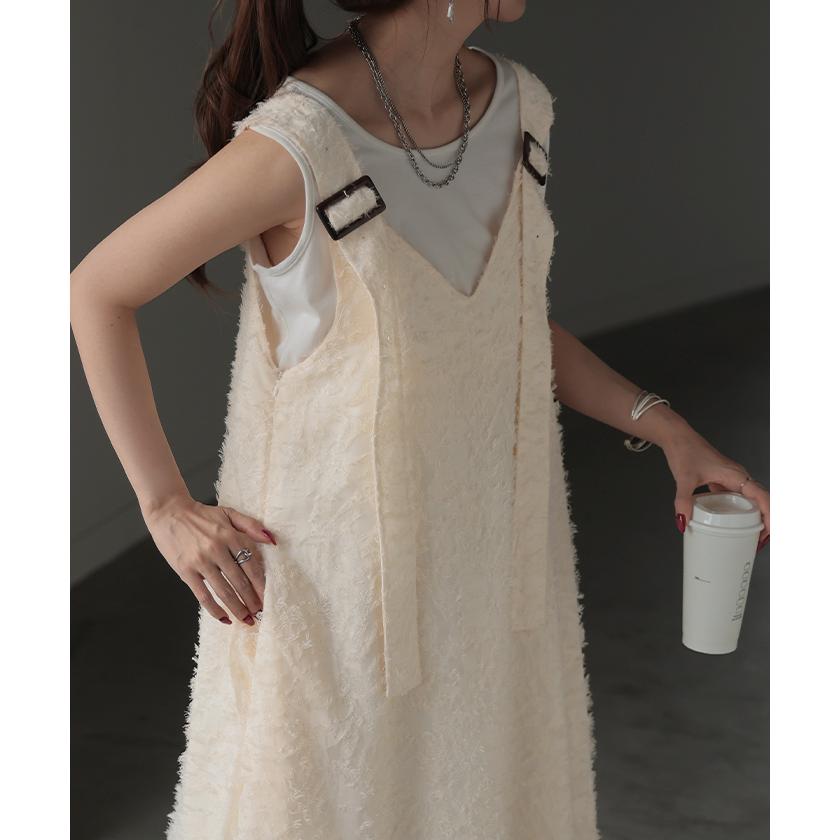 ワンピース サロペット フリンジ レディース スカート ロング オールインワン Aライン Vネック 無地 調節可能 ジャガード ノースリーブ | HUG.U | 13