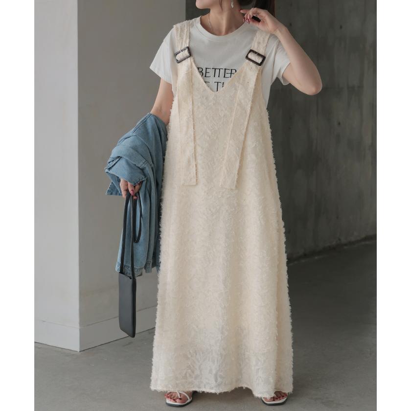 ワンピース サロペット フリンジ レディース スカート ロング オールインワン Aライン Vネック 無地 調節可能 ジャガード ノースリーブ | HUG.U | 07