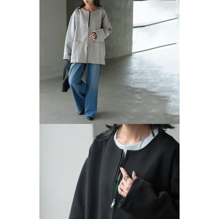 ジャケット ダンボール ノーカラー レディース アウター ロング 無地 長袖 羽織 ライトアウター チュニック オーバーサイズ クルーネック | HUG.U | 17
