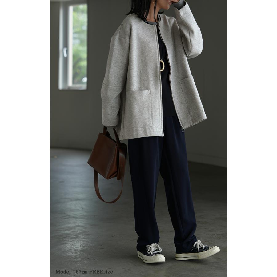 ジャケット ダンボール ノーカラー レディース アウター ロング 無地 長袖 羽織 ライトアウター チュニック オーバーサイズ クルーネック | HUG.U | 04