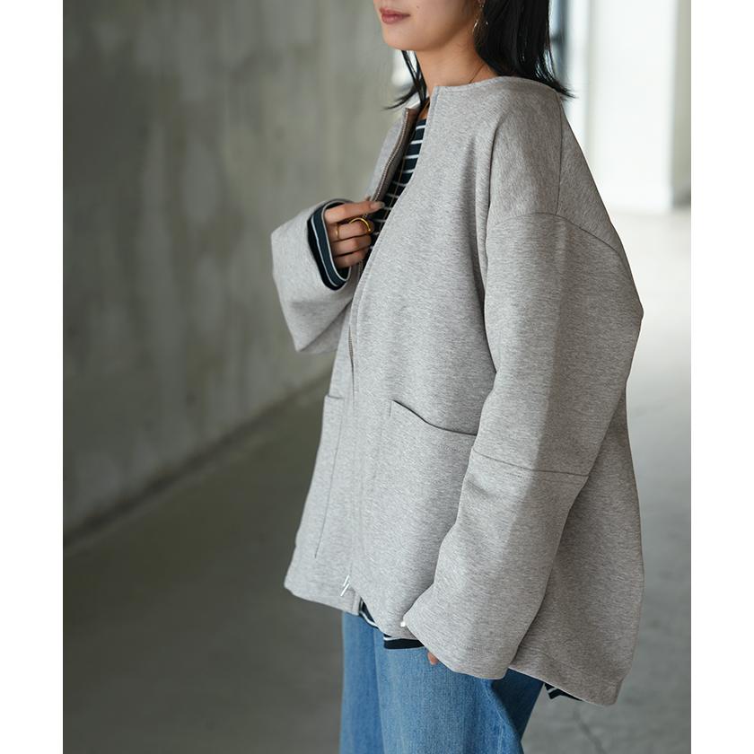 ジャケット ダンボール ノーカラー レディース アウター ロング 無地 長袖 羽織 ライトアウター チュニック オーバーサイズ クルーネック | HUG.U | 05