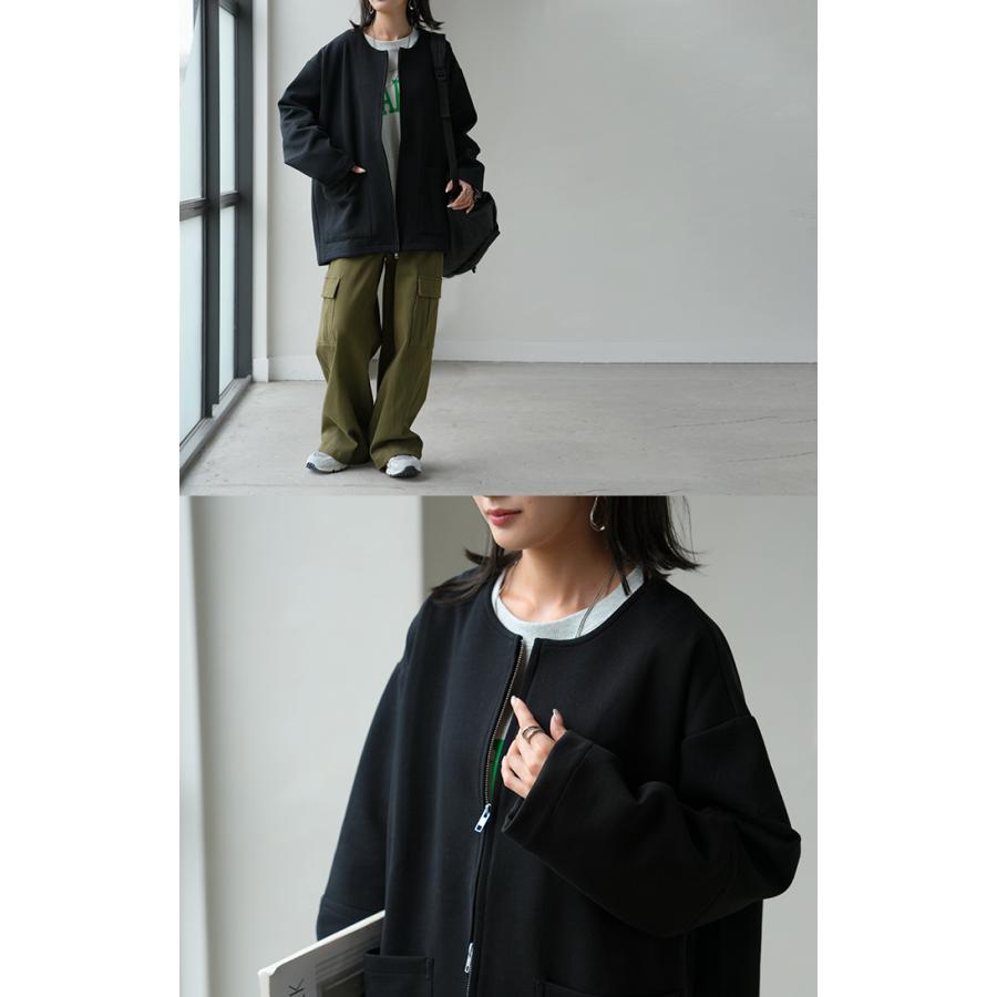 ジャケット ダンボール ノーカラー レディース アウター ロング 無地 長袖 羽織 ライトアウター チュニック オーバーサイズ クルーネック | HUG.U | 07