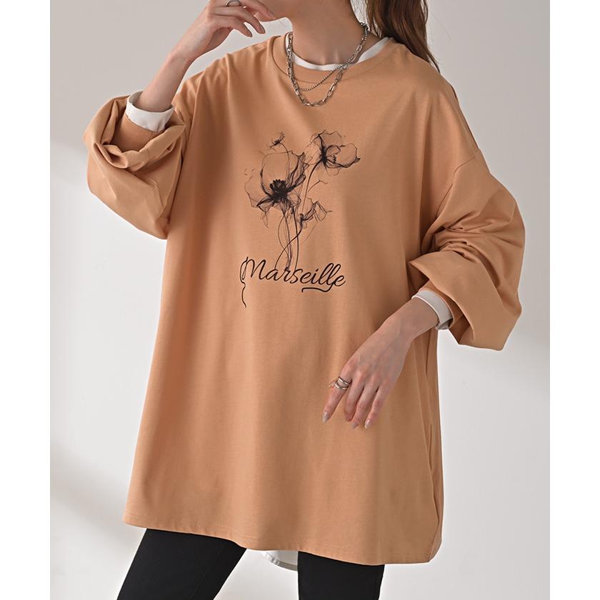ロンT 花柄 ロゴ レディース トップス 長袖 プリント Tシャツ カットソー ロング ティーシャツ チュニック | HUG.U | 09