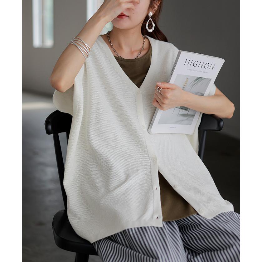 カーディガン サマーニット 鹿の子 レディース 涼しげ ニット レイヤード ニットベスト ジレ トップス チュニック ロング ベスト カーデ 半袖 羽織 薄手 Vネック | HUG.U | 20