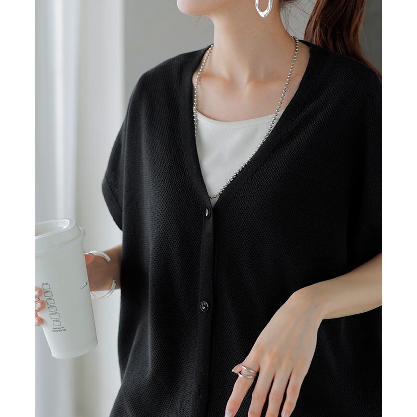 カーディガン サマーニット 鹿の子 レディース 涼しげ ニット レイヤード ニットベスト ジレ トップス チュニック ロング ベスト カーデ 半袖 羽織 薄手 Vネック | HUG.U | 09