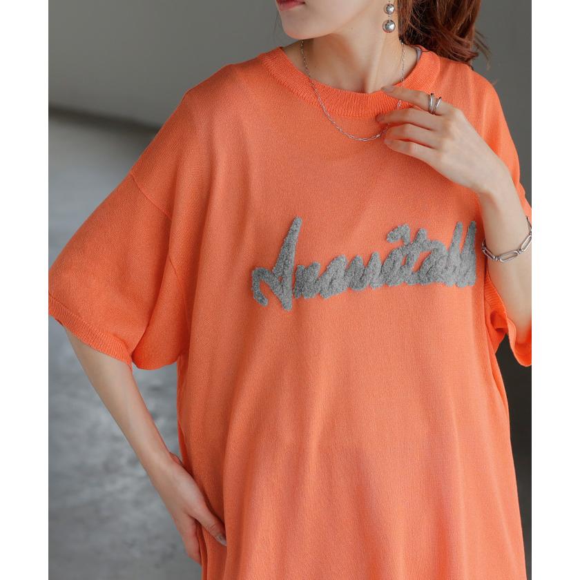 ニット 透かし編みニット ロゴ 刺繍 レディース トップス 半袖 ニット ロング ティーシャツ チュニック | HUG.U | 20