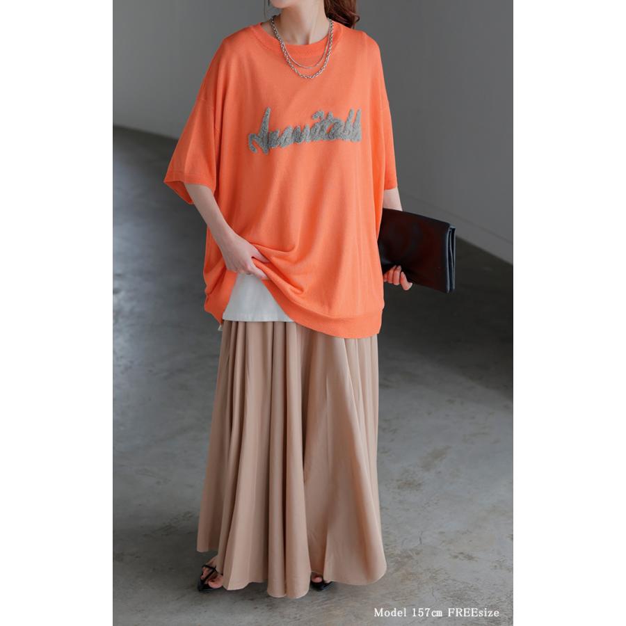 ニット 透かし編みニット ロゴ 刺繍 レディース トップス 半袖 ニット ロング ティーシャツ チュニック | HUG.U | 23