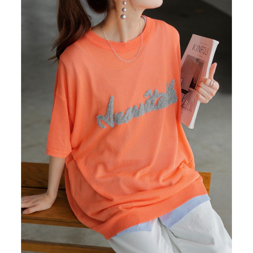 ニット 透かし編みニット ロゴ 刺繍 レディース トップス 半袖 ニット ロング ティーシャツ チュニック | HUG.U | 08