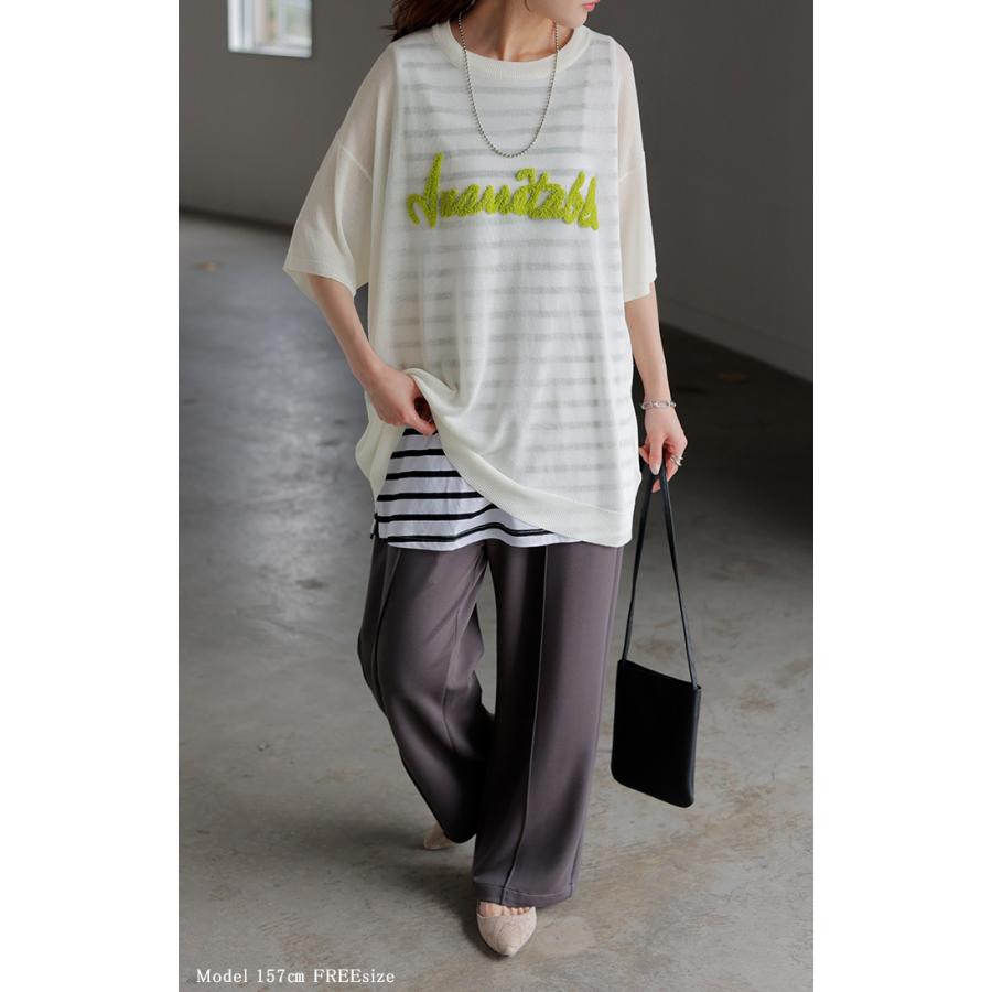 ニット 透かし編みニット ロゴ 刺繍 レディース トップス 半袖 ニット ロング ティーシャツ チュニック | HUG.U | 10