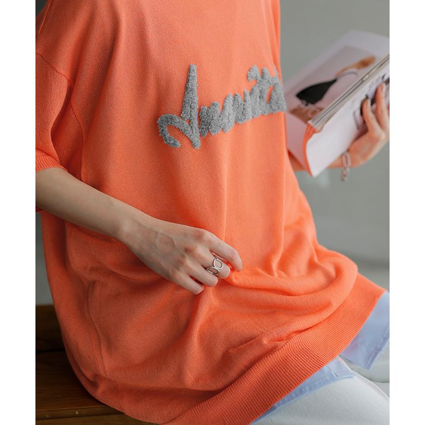 ニット 透かし編みニット ロゴ 刺繍 レディース トップス 半袖 ニット ロング ティーシャツ チュニック | HUG.U | 11