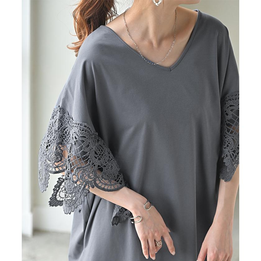Tシャツ レース UVカット 接触冷感 レディース トップス 半袖 カットソー ロング ティーシャツ 抗菌 防臭 | HUG.U | 21
