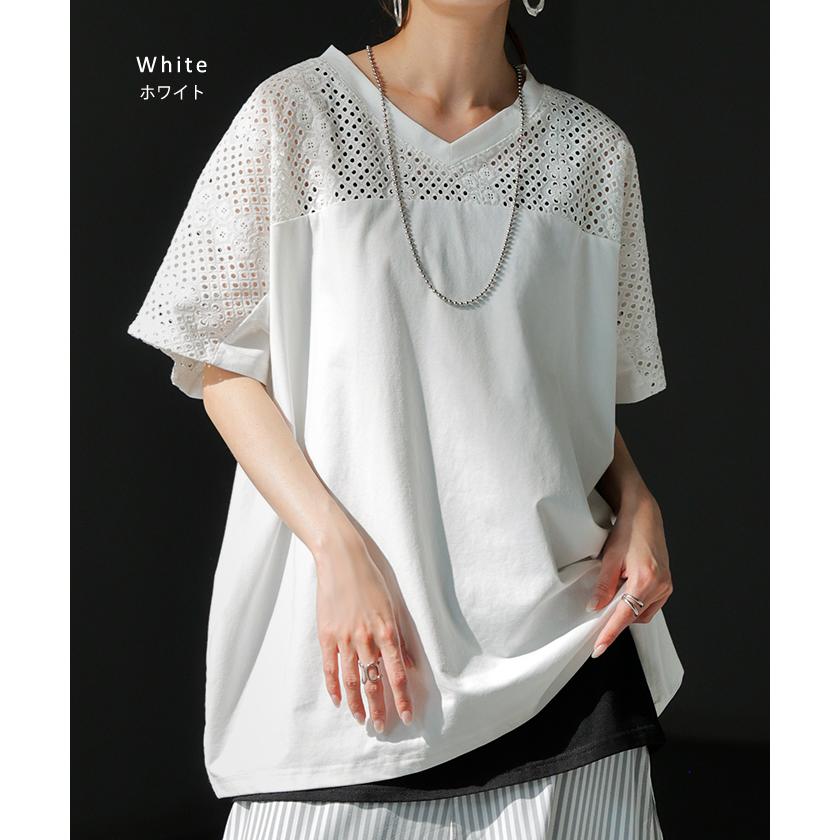 Tシャツ レース レディース トップス 半袖 カットソー ロング ティーシャツ 接触冷感 チュニック ビッグ | HUG.U | 13