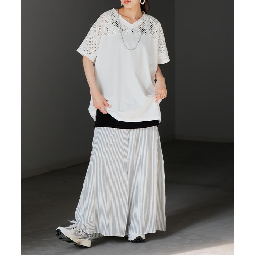 Tシャツ レース レディース トップス 半袖 カットソー ロング ティーシャツ 接触冷感 チュニック ビッグ | HUG.U | 18