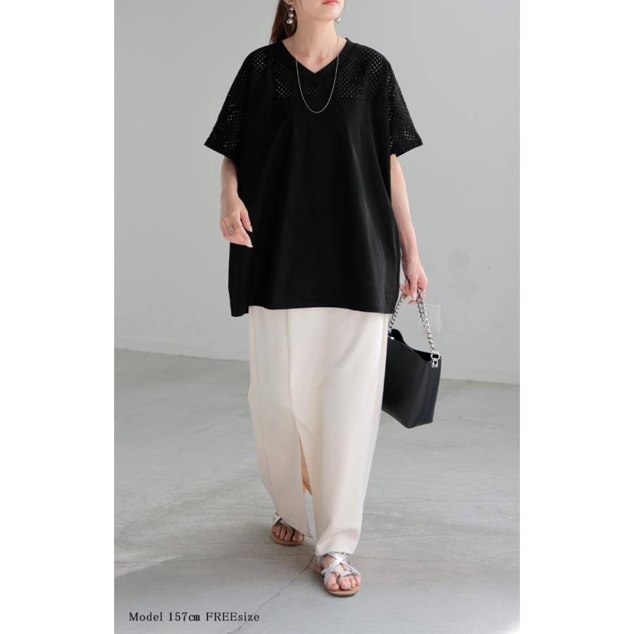 Tシャツ レース レディース トップス 半袖 カットソー ロング ティーシャツ 接触冷感 チュニック ビッグ | HUG.U | 20