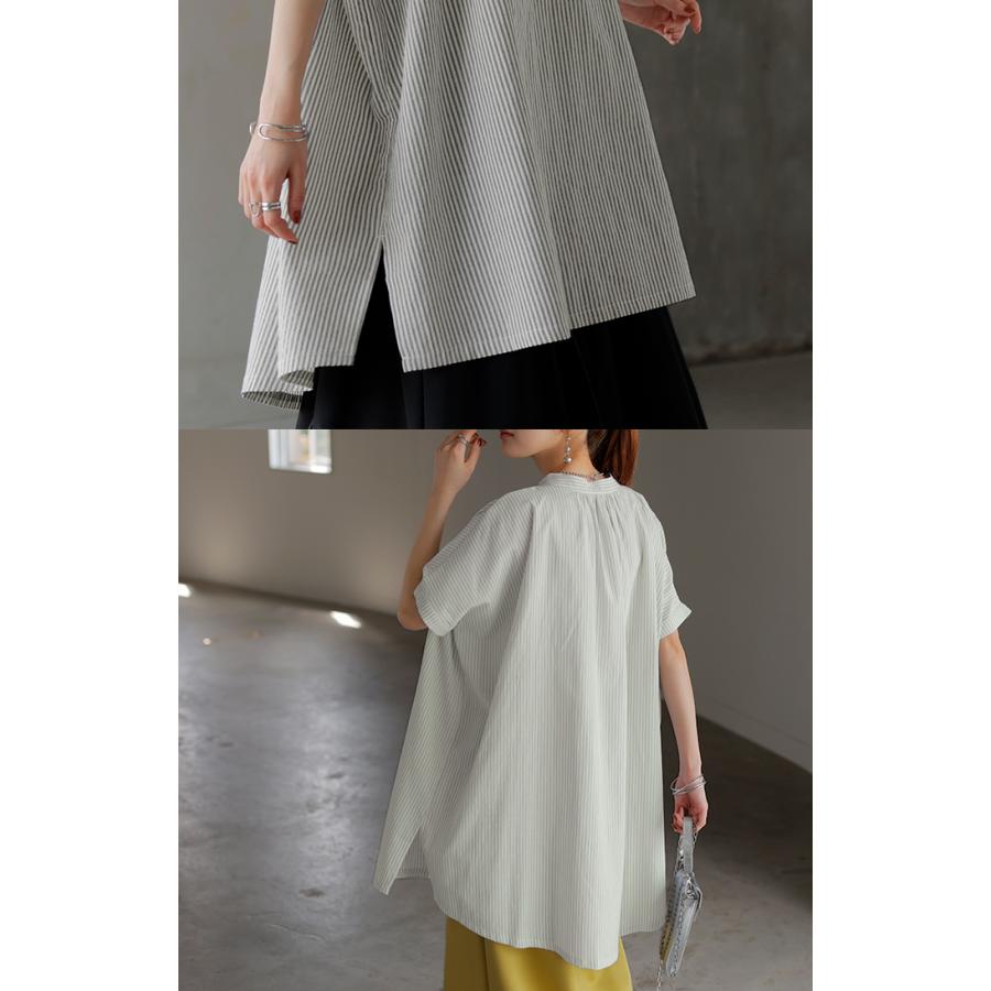 シャツ ストライプ ノーカラー レディース トップス バンドカラー ブラウス ロング ロングシャツ チュニック | HUG.U | 19