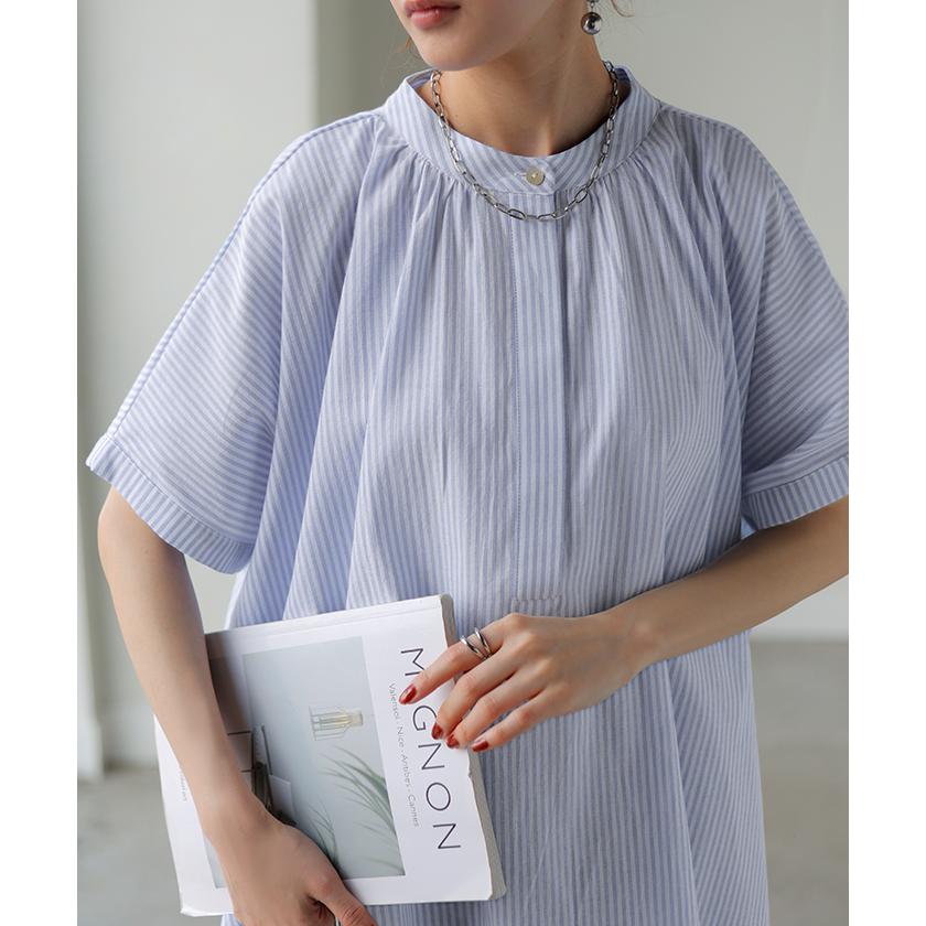 HUG.U（ハグユー） シャツ ストライプ ノーカラー レディース トップス