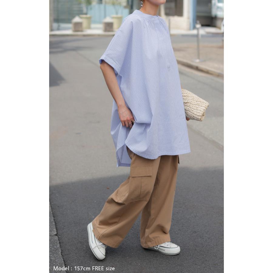 シャツ ストライプ ノーカラー レディース トップス バンドカラー ブラウス ロング ロングシャツ チュニック | HUG.U | 23