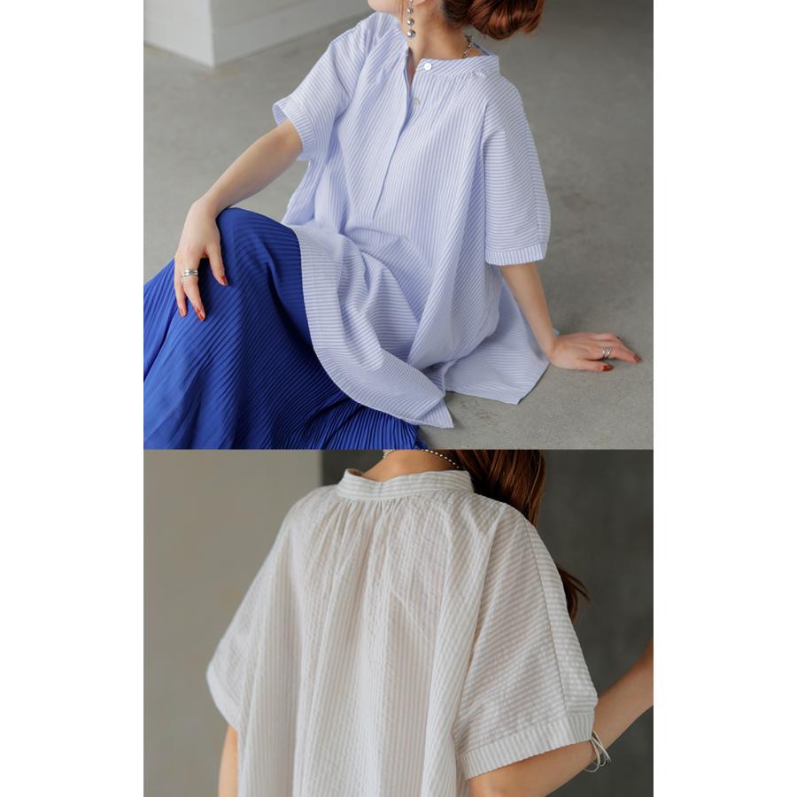 HUG.U（ハグユー） シャツ ストライプ ノーカラー レディース トップス