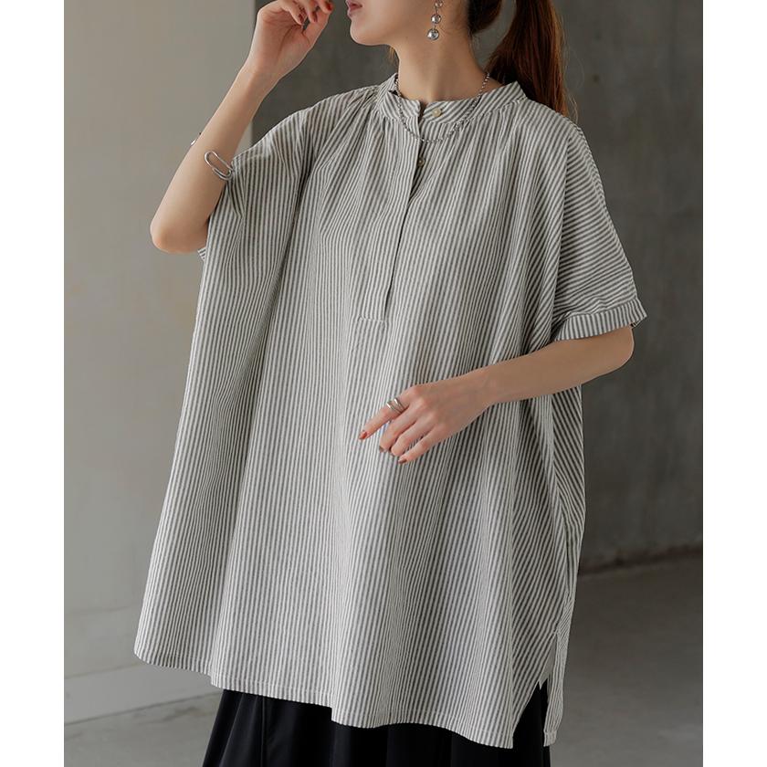 シャツ ストライプ ノーカラー レディース トップス バンドカラー ブラウス ロング ロングシャツ チュニック | HUG.U | 08