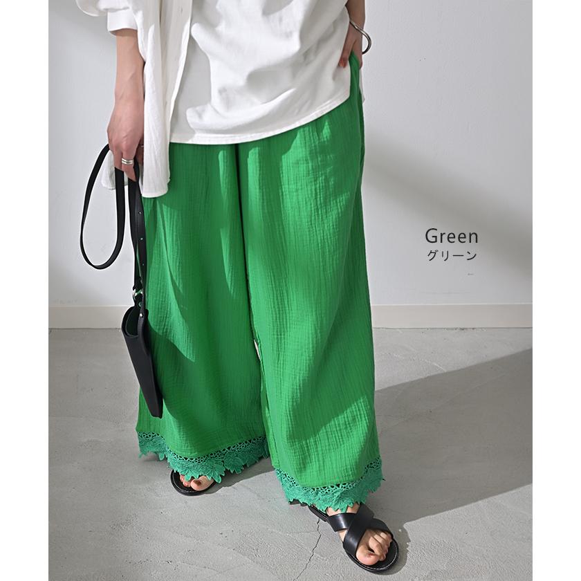 パンツ ワイド 選べる 2丈 綿100% ワイドパンツ レディース ダブルガーゼ ロング ロングパンツ ボトムス ボトム フレア レース ズボン ゆったり ハイウエスト | HUG.U | 20